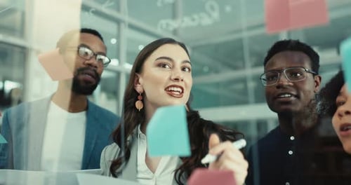 People, writing and notes on glass, wall and planning with teamwork and creative brainstorming