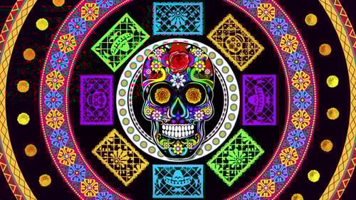 Colorful Day of the Dead Sugar Skull with Papel Picado Loop