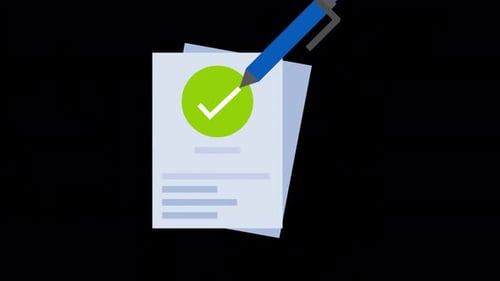 Flat Animated Icon of Document with Checkmark and Pen
