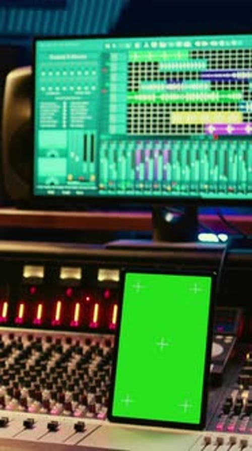 Vertical Video Audio Expert Processing Sounds Next to Tablet with Isolated Mockup