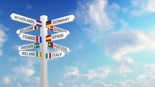 Animated 3D Travel Signpost with European Flags and Flying Airplane
