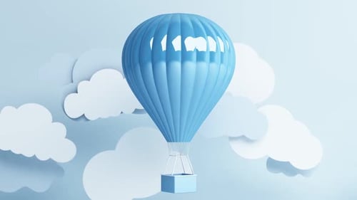 Modern Blue Hot Air Balloon Floating with Clouds