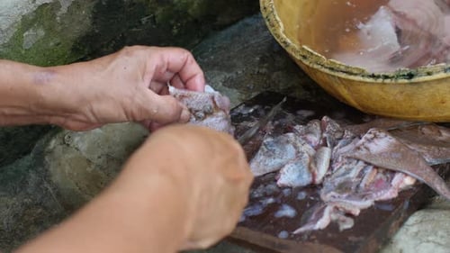 Close Up on Woman's Hands on the Dirty Kitchen Slicing and Scaling Off Fish