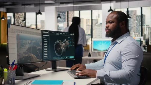 Engineer in Office Works on Wind Turbine CAD Design Sustainable Energy Research