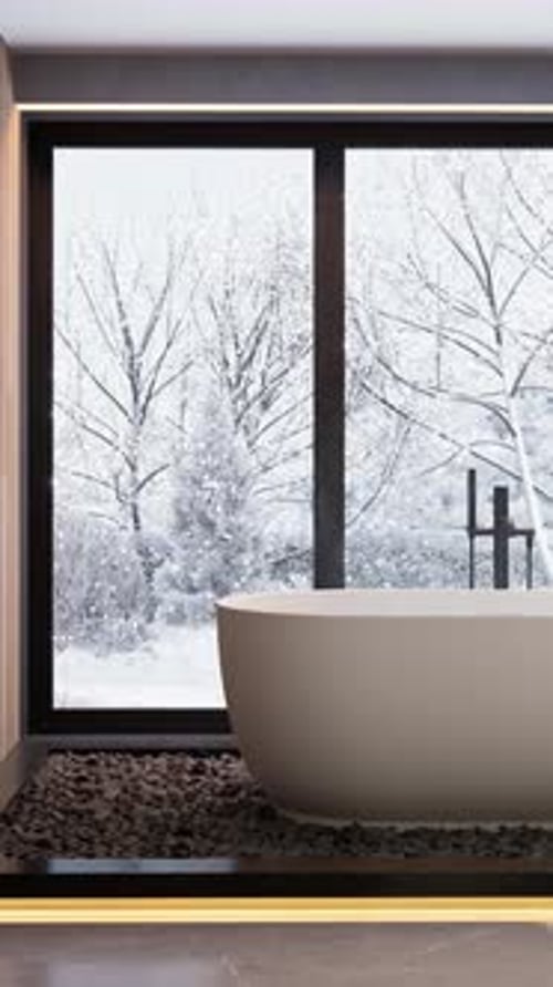 Modern Bathroom with Falling Snow Winter View Animation