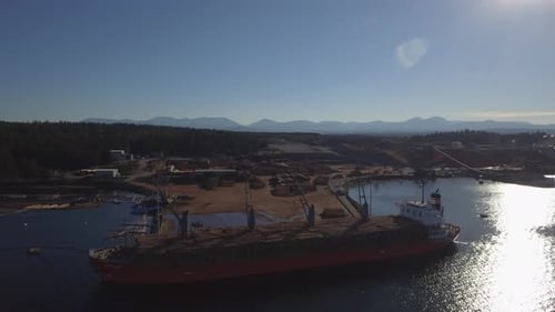 Imagens de drone em 4K de um grande navio sendo carregado com troncos no porto