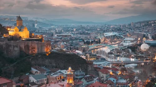 Tbilisi Georgia Timelapse Elevated Top View Of Famous Landmarks In Night Illuminations Beautiful