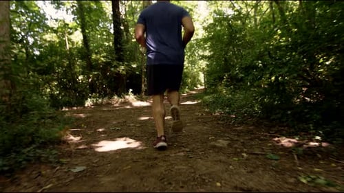 Young male legs running through the forest