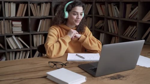 Hispanic Teen Girl, Latin Young Woman School College Student Wear Headphones Learn