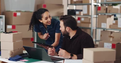 High five, sale and success with distribution team in office for export or import logistics
