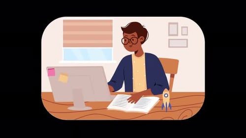 Animated Illustration of a Student Studying at a Desk with Computer