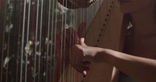 Woman Playing a Golden Harp Outdoors