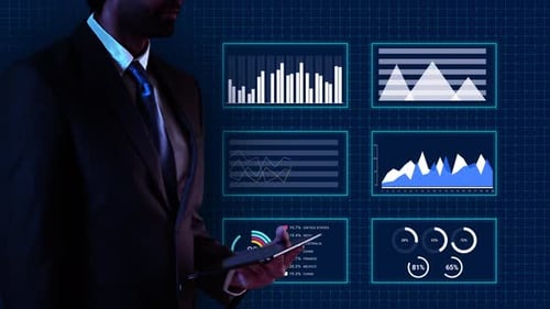 Businessman Virtual Display HUd Hologram Stock Market Finance Report Background Graph Chart Bars