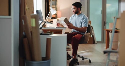 Young Man Working at Desk in Home Office