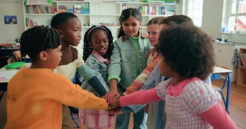 Kids, teamwork and stack hands for education, support and learning in elementary school