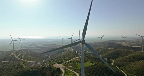 Aerial View of a Wind Power Plant in a Beautiful Landscape