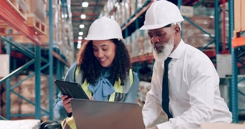 Happy team, engineer and planning on tablet in warehouse for distribution, shipping or stock