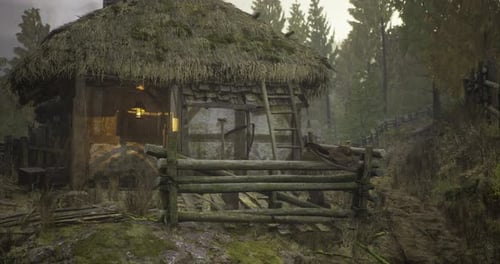 Rustic Cabin in the Woods Surrounded By Vibrant Forest Greenery at Dusk