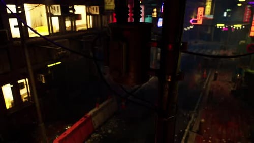 Bright Neon Lights Illuminate Rainy Night in Asian City