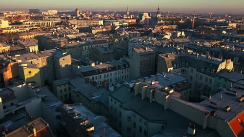 Aerial winter old town cityscape sunrise