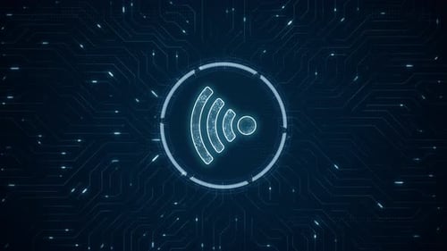 Logo WiFi digital azul y HUD circular de tecnología futurista con placa de circuito