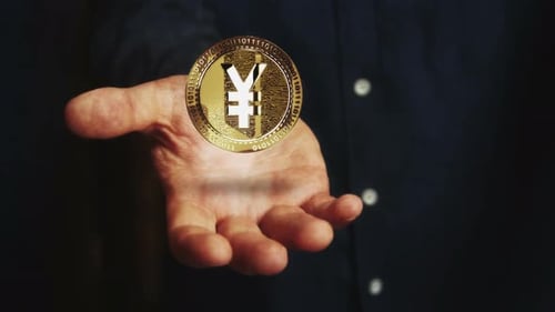 Golden Digital Yen Currency Coin Spinning Above Hand Animation