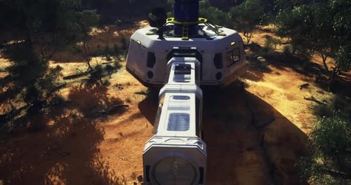 Futuristic Modular Habitat Deploying in Arid Natural Landscape