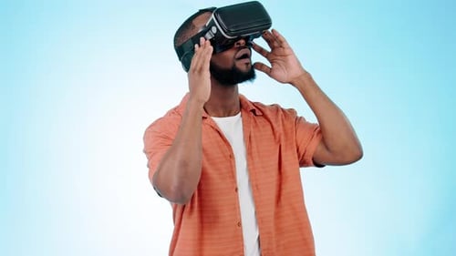 African man, virtual reality glasses and studio with wow, thinking and 3d user experience by blue