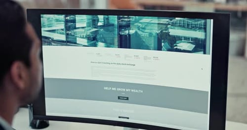 Computer screen, man and stock market with investing, trading and learning with information tech