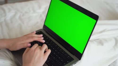 Close Up Smart Caucasian Teenage Girl Female Hands Using Laptop Bank Green Screen Chroma Key