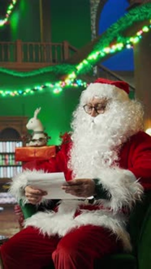 Vertical Video Man Playing Santa Claus Character Making List of Kids Who Has Been Naughty