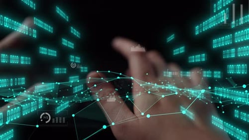 Hands Typing with Digital Data Visualization Overlay