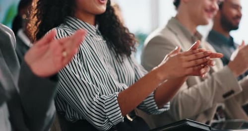 Applause, hands and finger gun with business people in audience for project