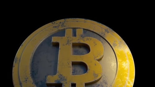 Distressed bitcoin coin graphic element on black background for modern finance and cryptocurrency