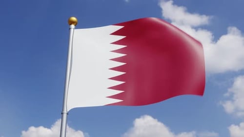 Waving Qatar Flag on Pole Against Blue Sky