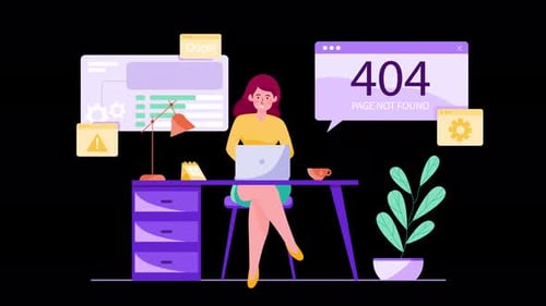 Woman working at desk with error message on screen