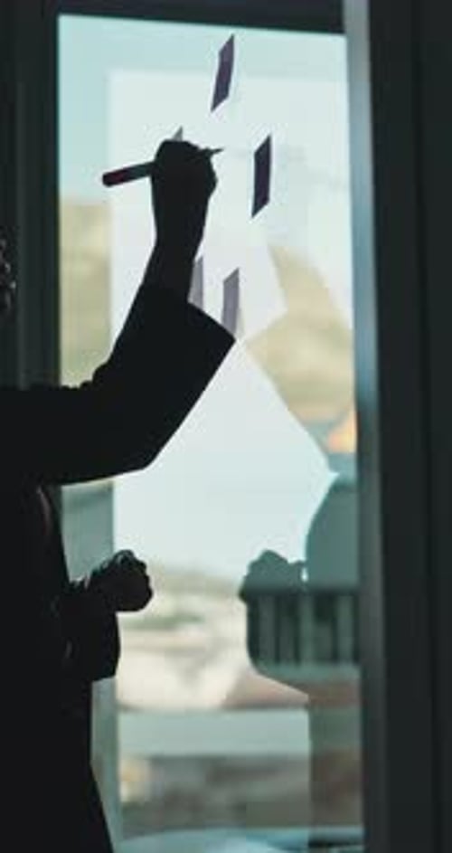 Glass wall, sticky note or black woman in office with writing, strategy or plan for proposal