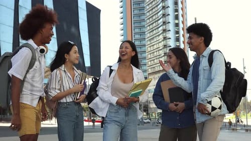 Multicultural happy friends having fun taking group selfie portrait on city street - Multiracial you