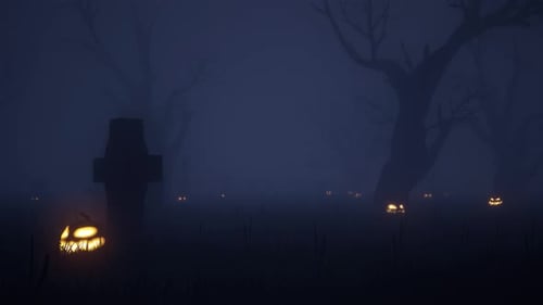 Eerie Halloween Night In A Misty Graveyard With Glowing Jack O' Lanterns