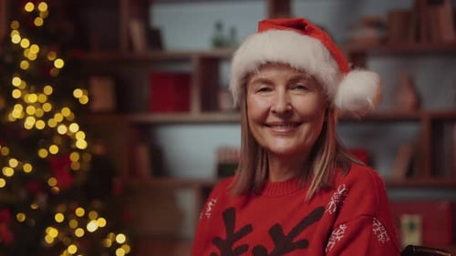 Smiling Woman in Santa Hat near Christmas Tree