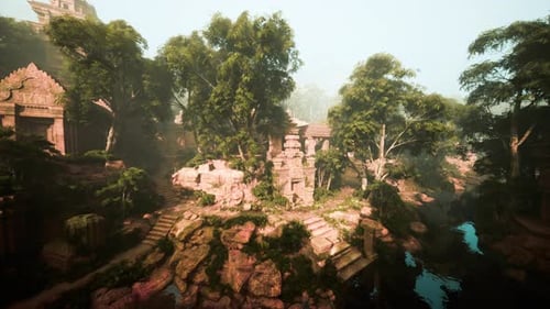 Peaceful Archaeological Discovery Amid Dense Forest and Morning Mist