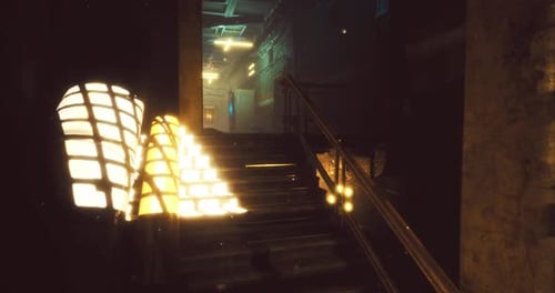 Staircase Leading to Illuminated Hallway in an Abandoned Building at Night