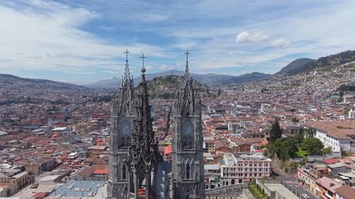 Aerial View Capturing Quito's Landmark Basilica Del Voto Nacional Architectural Splendor Nestled