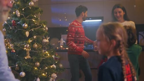 Family Celebrating Christmas Indoors at Home