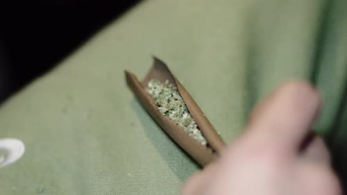 rollo de cigarros romo de cerca lleno de marihuana, marihuana, droga, sostenido por la mano de un hombre