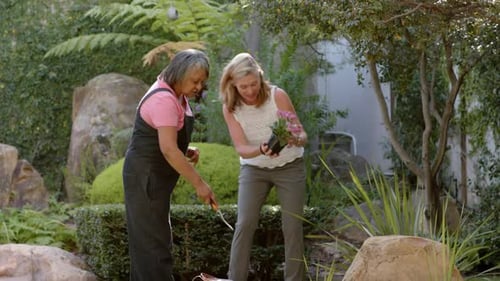 Women Gardening Together in a Lush Green Garden