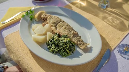 Restaurant meal on plate, breaded fish and vegetables at outdoor cafe