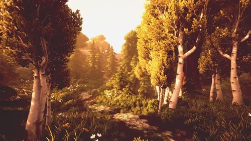 Cartoon Flowering Green Forest on Sunset
