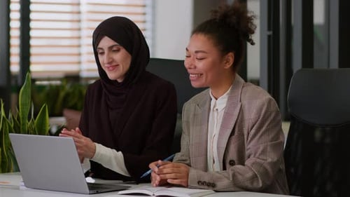 Two Happy Businesswomen Multiracial Multiethnic Girls Female Colleagues Office Coworkers Women