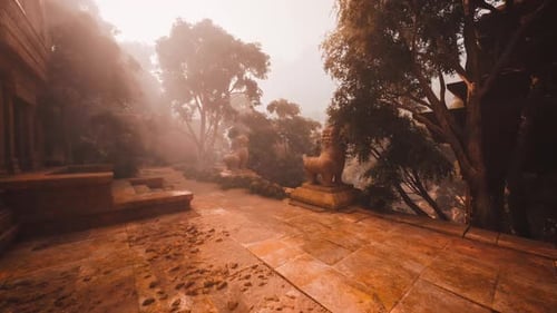 Ancient Temple Structure Set Amidst Dense Jungle in Myanmar at Sunrise